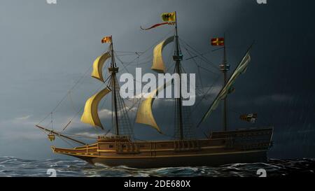 Barca a vela sul mare aperto drammatico sotto la tempesta imminente. Rappresentazione 3D con pittura digitale in post-elaborazione. Foto Stock