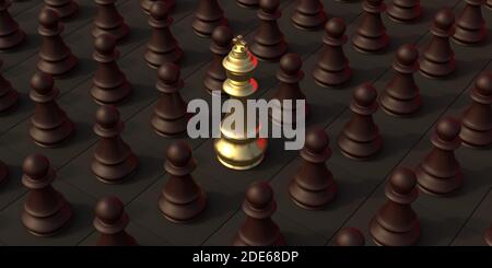 Un re scacchi oro, pegni marroni folla intorno, sfondo nero. Leader, concetto di potenza. illustrazione 3d Foto Stock