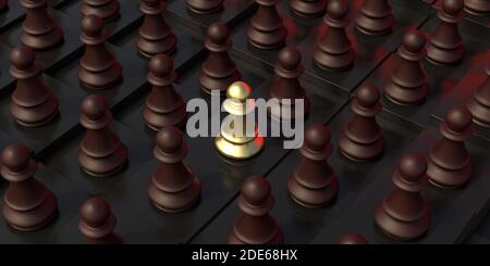 Un pezzo di scacchi pegno oro, pedine marrone folla intorno, sfondo nero. Diversità, inclusione, concetto di alleanza. illustrazione 3d Foto Stock