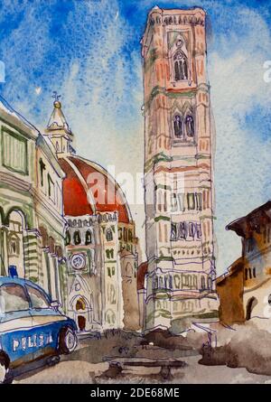 firenze duomo dipinto cartolina acquerello, Italia disegno architettonico con chiesa, campanile e battistero Foto Stock