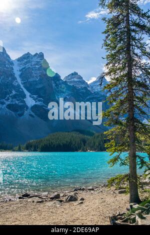 Lago Moraine bellissimo paesaggio in estate al primo autunno giorno di sole mattina. Scintillante acqua turchese, innevata Valle delle dieci vette. Banf Foto Stock