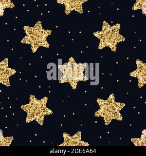 Glitter dorato astratto motivo senza cuciture moderno. Sfondo a stella brillante. Struttura di lamina d'oro. Saluto illustrazione di Natale. Illustrazione Vettoriale