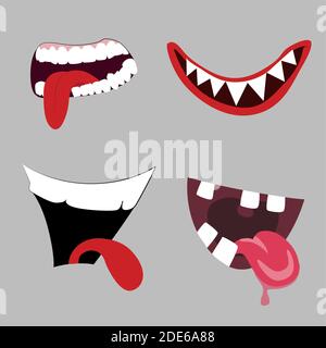 Cartoon mostro bocca raccolta, denti e lingua. Vettore divertente halloween spaventoso grimace, collezione personaggio comico, volto emotivo, arrabbiato afn felice Illustrazione Vettoriale
