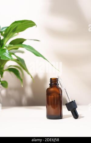 Flacone contagocce in vetro aperto con una pippetta con punta di gomma nera sul bellissimo sfondo verde e ombreggiato delle foglie naturali. Concetto di pelle naturale. Foto Stock