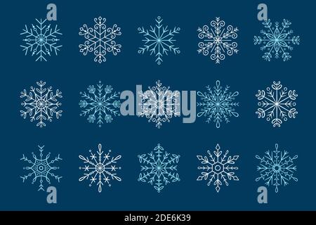 Set di icone di fiocco di neve disegnate a mano. Illustrazione vettoriale, isolata su sfondo blu scuro. Illustrazione Vettoriale