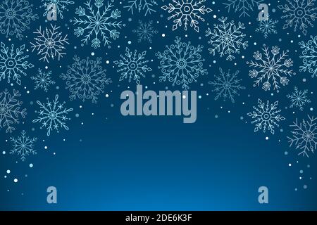 Fondo di fiocchi di neve blu disegnati a mano. Fiocchi di neve isolati su sfondo blu. Spazio vuoto per l'aggiunta di testo. Illustrazione vettoriale. Illustrazione Vettoriale