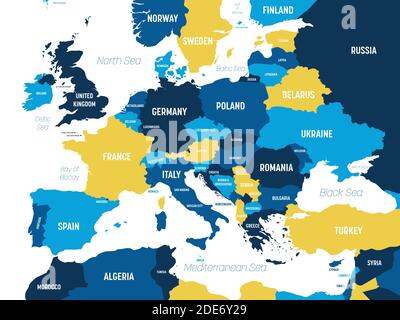 Mappa europea - marrone arancione colorato su sfondo scuro. Mappa politica dettagliata del continente europeo con etichettatura dei nomi di paesi, oceani e mari. Illustrazione Vettoriale