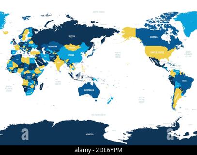 Mappa del mondo - Asia, Australia e Oceano Pacifico centrati. Tonalità arancio marrone colorata su sfondo scuro. Mappa politica dettagliata del mondo con l'etichettatura dei nomi di paesi, oceani e mari. Illustrazione Vettoriale