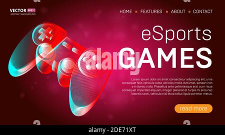 Modello della pagina di destinazione dei giochi eSports con un banner controller per console di gioco retrò o gamepad. Illustrazione vettoriale del gioco video wireless joystick Illustrazione Vettoriale