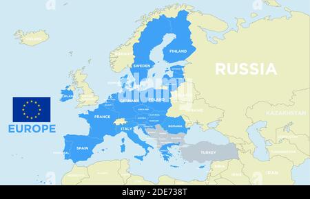 Mappa geopolitica vettoriale dell’Europa, con confini, aggiornata al 2021 dopo la brexit, con livelli separati, e bandiera della comunità europea. Illustrazione Vettoriale