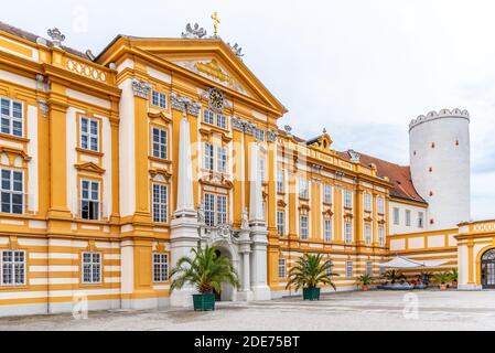 Ingresso all'abbazia di Melk, Melk in Austria bassa, Austria. Foto Stock