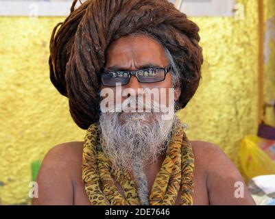 Anziano indù santo uomo indiano (sadhu, baba, guru) con lunghi dreadlock e occhiali di plastica pone per la macchina fotografica durante il festival Shivratri Mela. Foto Stock