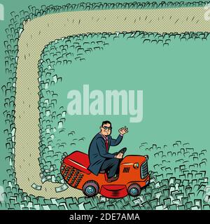 Un uomo d'affari taglia i soldi con un tosaerba. Finanza e reddito. Ricchezza Illustrazione Vettoriale