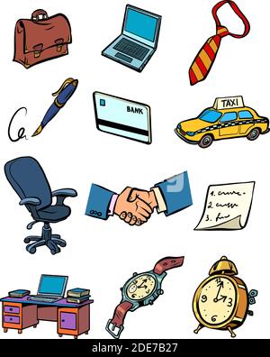 Accessori di affari cose di una collezione di uomini d'affari icone set simboli Illustrazione Vettoriale