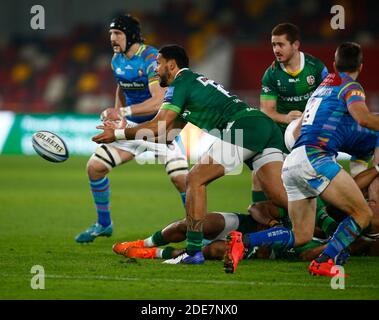 BRENTFORD, INGHILTERRA - NOVEMBRE 29: Curtis Rona of London Irish durante la prima Gallagher tra London Irish e Leicester Tigers al Brentford Community Stadium di Brentford, Regno Unito il 29 Novembre 2020 Credit: Action Foto Sport/Alamy Live News Foto Stock