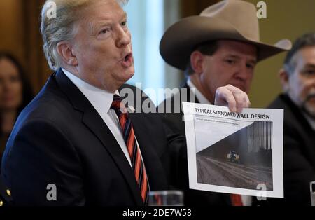 Il Presidente DEGLI STATI UNITI Donald Trump ha illustrato la progettazione di un muro di confine nel corso di una tavola rotonda sulla sicurezza delle frontiere con i leader di stato, locali e comunitari nella sala del gabinetto della Casa Bianca il 11 gennaio 2019 a Washington, DC. Foto di Olivier Douliery/ABACAPRESS.COM Foto Stock