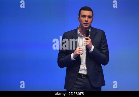Jordan Bardella durante un incontro per lanciare la campagna di RN per le elezioni europee del 2019 maggio, al Mutualita, a Parigi, Francia, il 13 gennaio, Foto di Christian Liegi/ABACAPRESS.COM Foto Stock