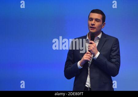 Jordan Bardella durante un incontro per lanciare la campagna di RN per le elezioni europee del 2019 maggio, al Mutualita, a Parigi, Francia, il 13 gennaio, Foto di Christian Liegi/ABACAPRESS.COM Foto Stock