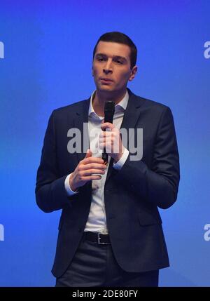 Jordan Bardella durante un incontro per lanciare la campagna di RN per le elezioni europee del 2019 maggio, al Mutualita, a Parigi, Francia, il 13 gennaio, Foto di Christian Liegi/ABACAPRESS.COM Foto Stock