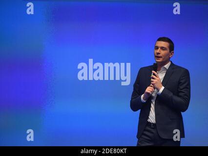 Jordan Bardella durante un incontro per lanciare la campagna di RN per le elezioni europee del 2019 maggio, al Mutualita, a Parigi, Francia, il 13 gennaio, Foto di Christian Liegi/ABACAPRESS.COM Foto Stock