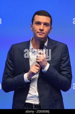Jordan Bardella durante un incontro per lanciare la campagna di RN per le elezioni europee del 2019 maggio, al Mutualita, a Parigi, Francia, il 13 gennaio, Foto di Christian Liegi/ABACAPRESS.COM Foto Stock