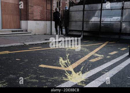 Schizzi di vernice gialla davanti ai poliziotti. I Gilets Jaunes (Giubbotti gialli) hanno dimostrato per il 10 ° Sabato consecutivo nel centro della città di Tolosa (Francia). Il 19 gennaio 2019, più di 10,000 manifestanti hanno vagato per le strade fino alla notte, per chiedere le dimissioni di Macron, ma anche per evidenziare la violenza della polizia. Foto di Patrick Batard / ABACAPRESS.COM Foto Stock