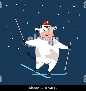 Biglietto di auguri natalizi, toro con sci. Simbolo del nuovo anno: Vacca, bufalo o vitello. Buon Natale e Felice Anno Nuovo. Vettore di vacanze di carattere animale disegnato a mano Illustrazione Vettoriale