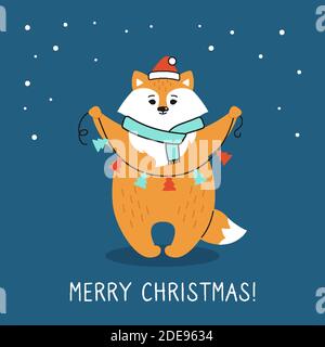 Biglietto d'auguri natalizio, volpe con palazzina d'albero. Volpe rossa di nuovo anno nel cappello di Babbo Natale. Simpatico personaggio natalizio con cartoni animati disegnati a mano. Felice anno nuovo, Buon Natale. Vettore animale Illustrazione Vettoriale