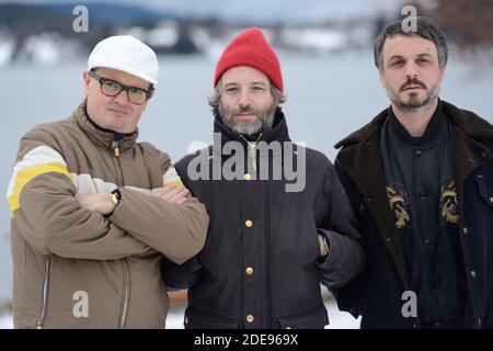 I membri del gruppo musicale 'Zombie zombie', Etienne Jaumet, Dr Schonberg e Neman Herman Dune aka Cosmic Neman, partecipano ad una fotocellula durante il 26° Festival del Cinema di Gerardmer, in Francia, il 02 febbraio 2019. Foto di Aurore Marechal/ABACAPRESS.COM Foto Stock