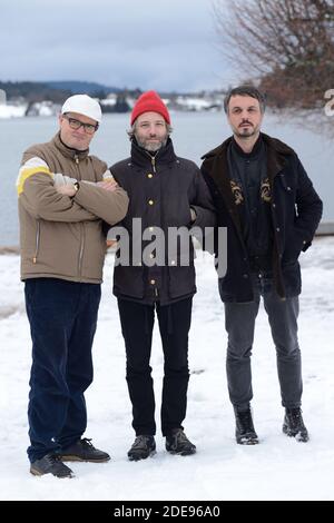 I membri del gruppo musicale 'Zombie zombie', Etienne Jaumet, Dr Schonberg e Neman Herman Dune aka Cosmic Neman, partecipano ad una fotocellula durante il 26° Festival del Cinema di Gerardmer, in Francia, il 02 febbraio 2019. Foto di Aurore Marechal/ABACAPRESS.COM Foto Stock