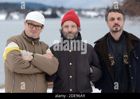 I membri del gruppo musicale 'Zombie zombie', Etienne Jaumet, Dr Schonberg e Neman Herman Dune aka Cosmic Neman, partecipano ad una fotocellula durante il 26° Festival del Cinema di Gerardmer, in Francia, il 02 febbraio 2019. Foto di Aurore Marechal/ABACAPRESS.COM Foto Stock