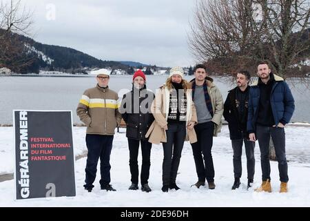 I membri della giuria 'Zombie zombie' del gruppo musicale Etienne Jaumet, Dr Schonberg e Neman Herman Dune aka Cosmic Neman, Julie Ferrier, Vincent Mariette e Sebastien Marnier partecipano alla fotocellula durante il 26° Festival del Cinema Gerardmer a Gerardmer, Francia, il 02 febbraio 2019. Foto di Aurore Marechal/ABACAPRESS.COM Foto Stock