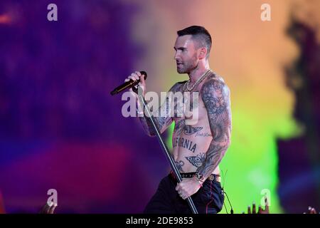 Adam Levine of Maroon 5 si esibisce durante il Pepsi Super Bowl LIII Halftime Show allo stadio Mercedes-Benz il 3 febbraio 2019 ad Atlanta, GA, USA. Foto di Lionel Hahn/ABACAPRESS.COM Foto Stock