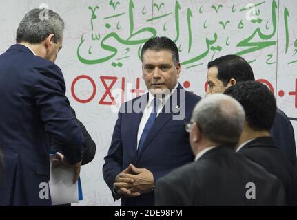 FLN Presidential Alliance, Mouad Bouchareb, Segretario Generale del Rally democratico Nazionale (RND), Ahmed Ouyahia, Presidente del movimento popolare Algerino (MPA), Amara Benyoes, E il presidente del Tadjamoue Amel El Djazair (TAJ), Amar Ghoul, si è riunito alla sede del partito del fronte nazionale di liberazione (FLN) ad Algeri, Algeria, il 02 febbraio 2019 ha annunciato che il presidente della Repubblica, Abdelaziz Bouteflika, sarà il loro candidato alle elezioni presidenziali del 18 aprile. Foto di Ammi Louiza/ABACAPRESS.COM Foto Stock