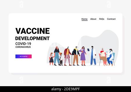 mescolare i pazienti di razza in maschere in attesa di coronavirus vaccino covid-19 prevenzione del concetto di campagna di immunizzazione medica illustrazione vettoriale orizzontale a lunghezza intera Illustrazione Vettoriale