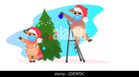 buoi nel cappello di santa decorazione delle mucche dell'albero di natale che indossano la maschera per prevenire la pandemia del coronavirus concetto di festa invernale di nuovo anno illustrazione vettoriale orizzontale a lunghezza intera Illustrazione Vettoriale