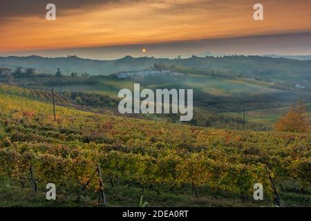 Incredibile tramonto sulle Langhe, famoso vigneto Unesco del Piemonte, Italia, in autunno