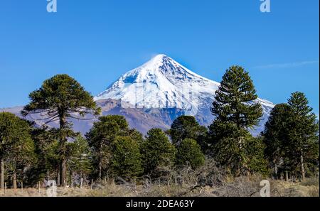 Vista del vulcano Lanin dalla strada per il lago Tromen a Neuquen, Argentina. Foto Stock