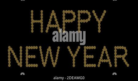 Felice anno nuovo le lettere sono create da collage di ingranaggi dorati isolati su sfondo bianco. Foto Stock