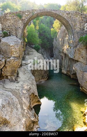 L'antico ponte romano conosciuto come il ponte di Bugrum. Paesaggio del fiume Kopruray dal Parco Nazionale del Canyon di Koprulu a Manavgat, Antalya, Turchia. Foto Stock