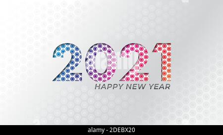 Banner di Capodanno 2021. I numeri di taglio della carta con colori brillanti sono circolari. Design del coperchio minimo. Aspetto in metallo con colore di gradiente colorato astratto Illustrazione Vettoriale