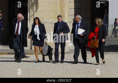 Delegazione del partito comunista guidata (al centro) da Fabien Roussel Segretario Generale in arrivo per il 'Grande dibattito' il Presidente francese Emmanuel Macron a Palais de l'Elysee, Parigi, Francia il 29 marzo 2019. Foto di Henri Szwarc/ABACAPRESS.COM Foto Stock