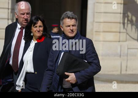 Delegazione del partito comunista guidata (al centro) da Fabien Roussel Segretario Generale in arrivo per il 'Grande dibattito' il Presidente francese Emmanuel Macron a Palais de l'Elysee, Parigi, Francia il 29 marzo 2019. Foto di Henri Szwarc/ABACAPRESS.COM Foto Stock