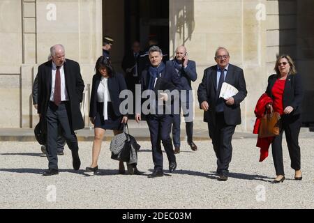 Delegazione del partito comunista guidata (al centro) da Fabien Roussel Segretario Generale in arrivo per il 'Grande dibattito' il Presidente francese Emmanuel Macron a Palais de l'Elysee, Parigi, Francia il 29 marzo 2019. Foto di Henri Szwarc/ABACAPRESS.COM Foto Stock