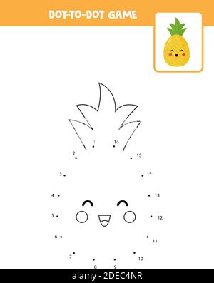 DOT to dot game con simpatico ananas kawaii. Collegare i punti. Gioco di matematica. Immagine a punti e a colori. Illustrazione Vettoriale