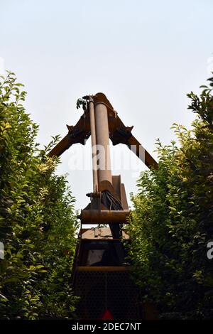 Un colpo verticale di una macchina agricola per coltivare a. archiviato guidando attraverso le file di pianta Foto Stock