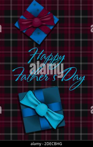 Vista dall'alto di uno sfondo con regali. L'iscrizione è il giorno felice del padre. Biglietto d'auguri per il giorno del difensore, giorno internazionale degli uomini. Brutale illustrazione luminosa per banner, sito web o pubblicità maschile. Illustrazione vettoriale in stile piatto con cuori, ghirlande e saluti Illustrazione Vettoriale