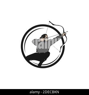 Logo con tiro con l'arco, concetto Vector badge, Archer con arco sportivo e bersaglio con freccia, tiro con l'arco competition.EPS 10 Illustrazione Vettoriale