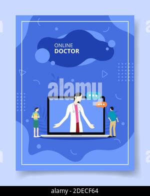 personale medico online in piedi intorno computer portatile medico in schermo display per modello di banner, volantino, libri copertina, riviste Illustrazione Vettoriale