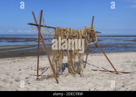 Geografia / viaggio, Germania, Schleswig-Holstein, isola Sylt, rete da pesca per l'essiccazione, Munkmarsch, diritti aggiuntivi-clearance-Info-non-disponibile Foto Stock